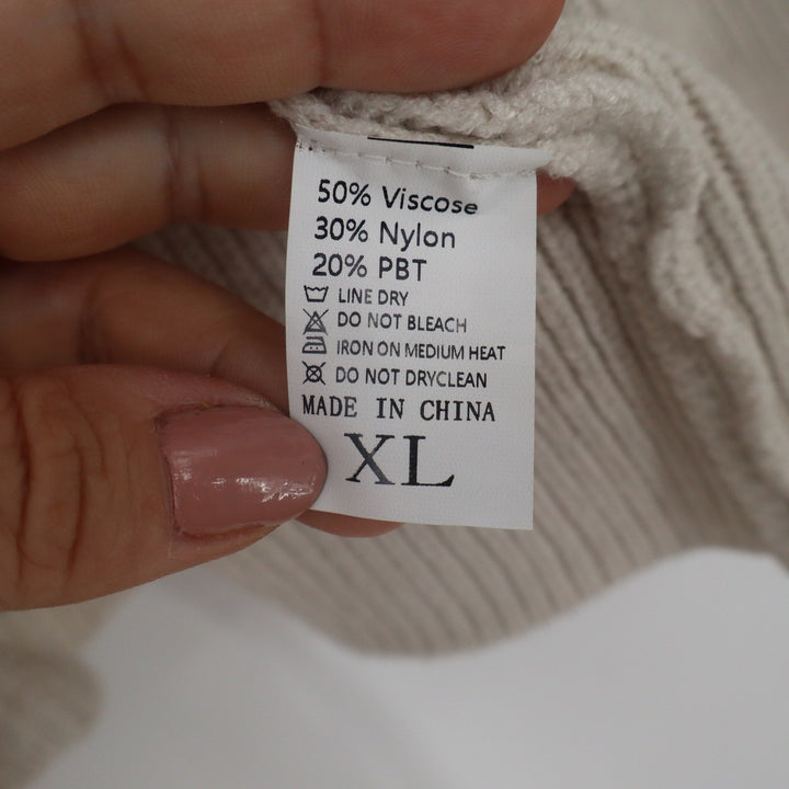 Beige Ribbed Wrap Cardigan Sweater XL Puff Sleeve Tie Front Cream Knit