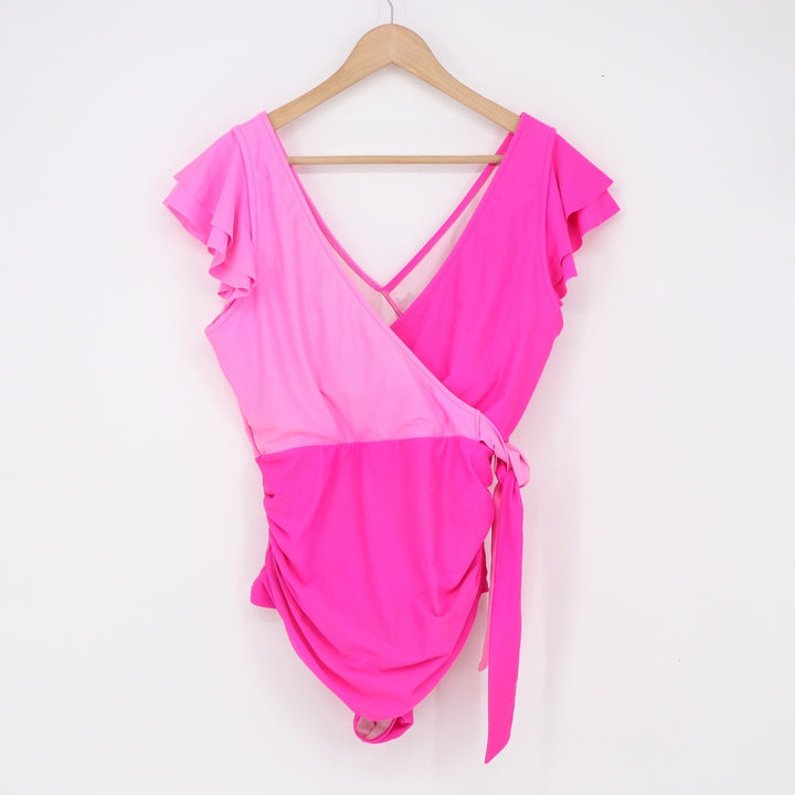 B One Piece Swimsuit Women XXL Wrap Side Tie Pink Ruffle Sleeve Ruched Excellent