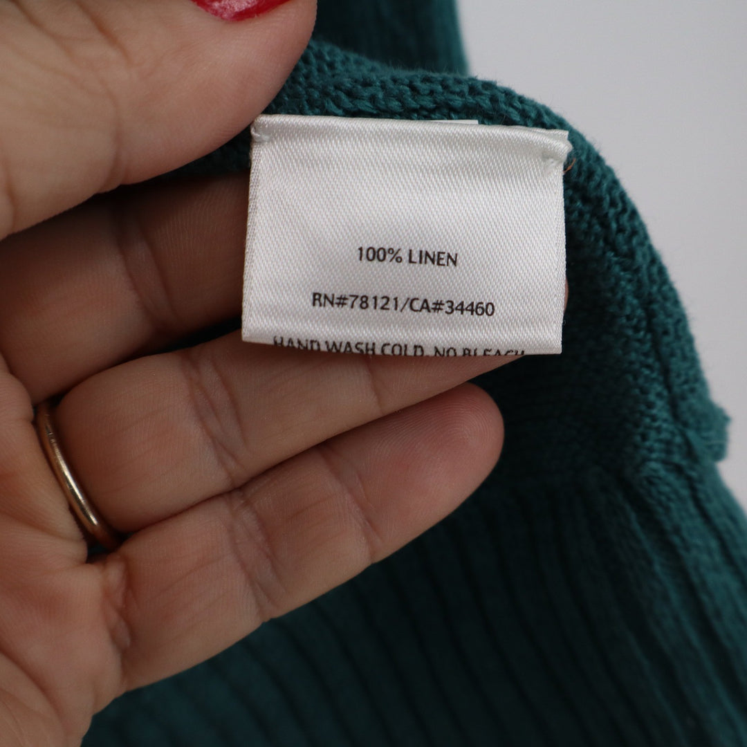 Eileen Fisher Teal Green 100% Linen Open Front Cardigan Sweater Pockets Small