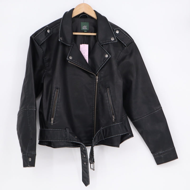 Wild Fable Biker Jacket Women M Black Asymmetrical Zip Belted Waist Laple Collar
