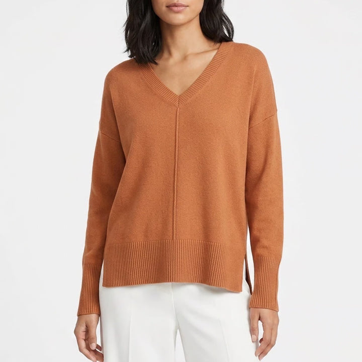 Tahari Womens XL Burnt Orange V-Neck Cotton Blend Relaxed Knit Sweater