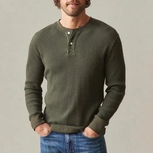 American Giant T Shirt Mens Large Olive Green Stretch Waffle Knit Henley Neck