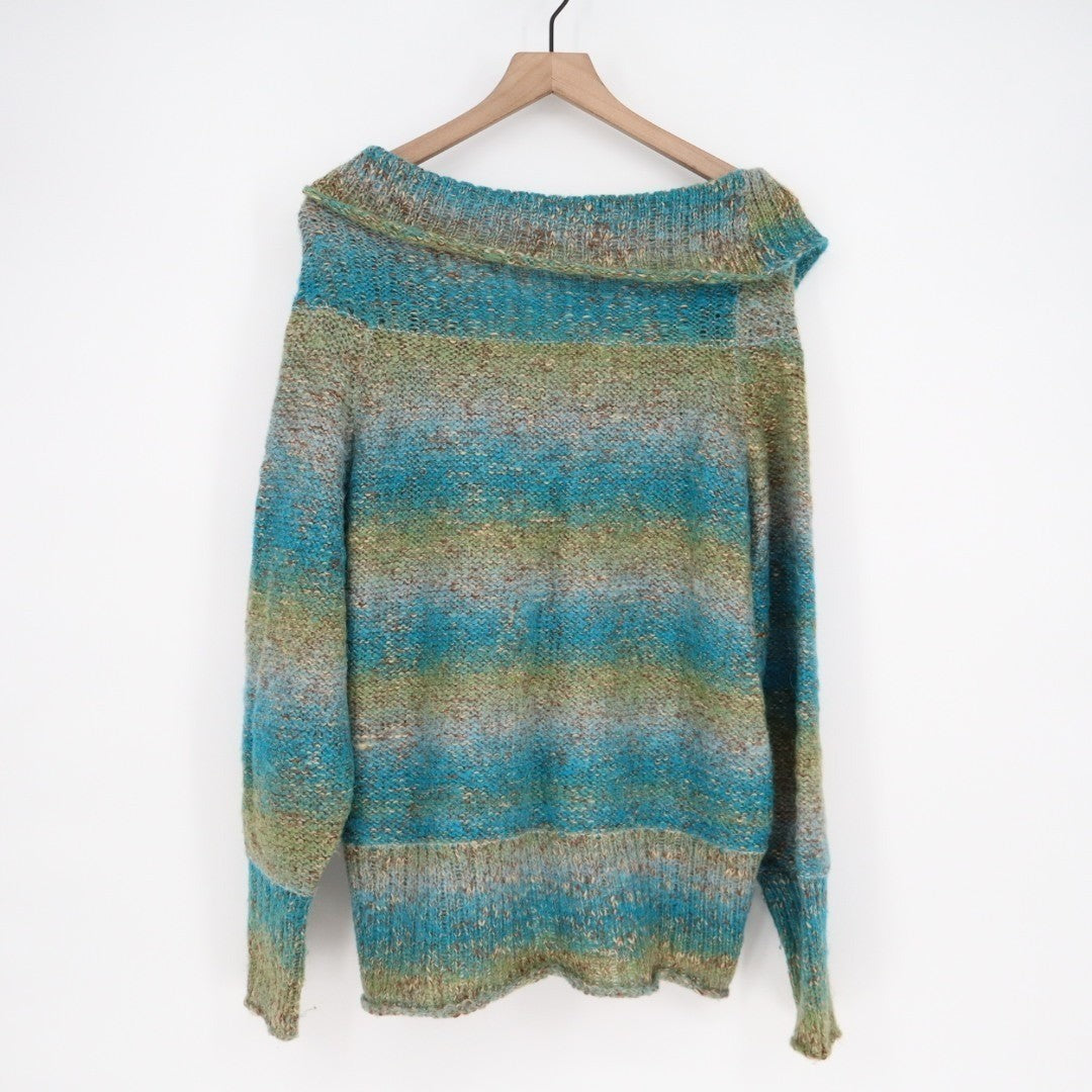 Norm Thompson Sweater Womens Large Multi Striped Knit Ribbed Hem Shawl Collar