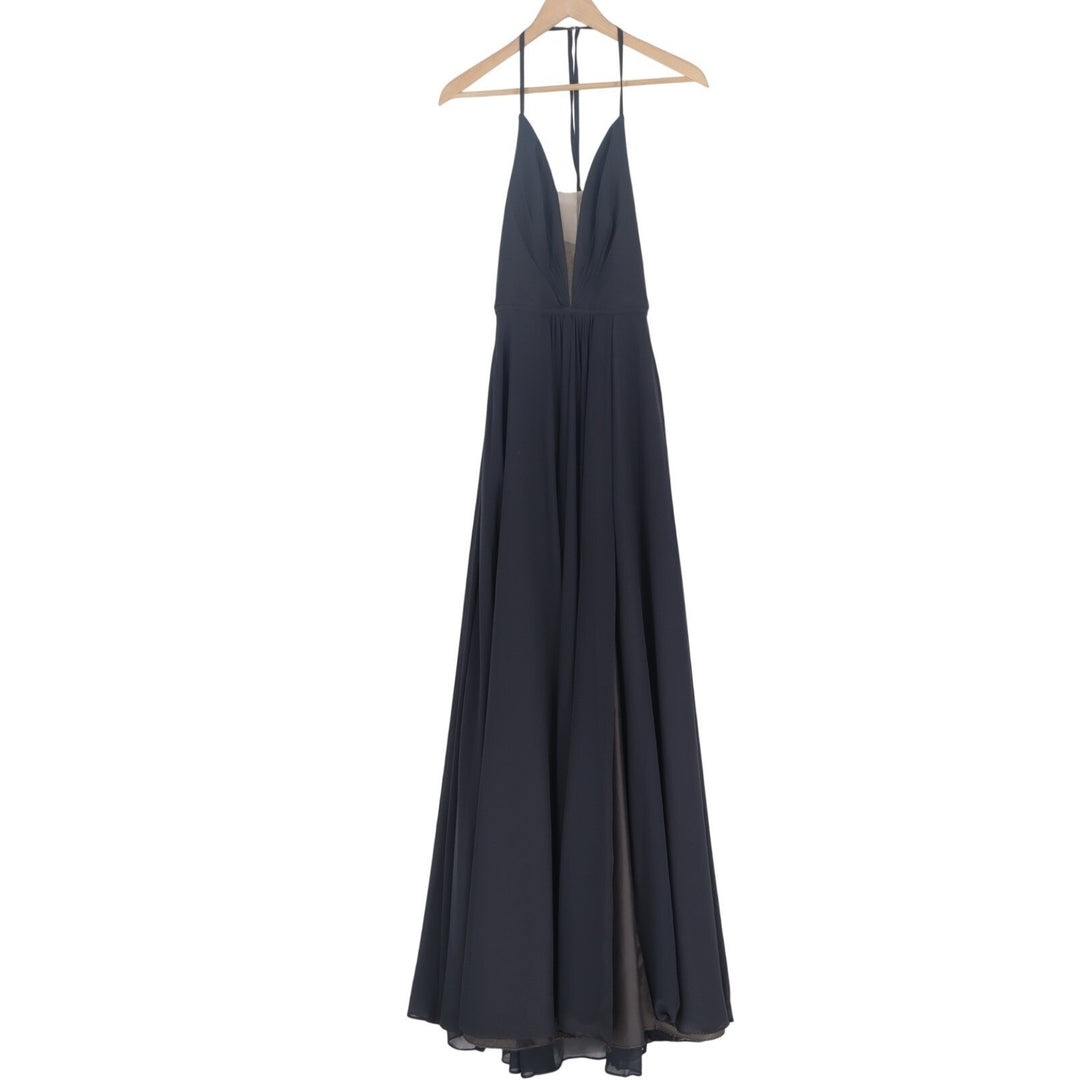 Faviana Prom Maxi Dress Womens Small Black Pleated Halter Neck Cut Out Back