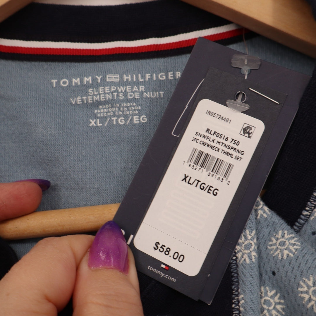 Tommy Hilfiger 2-PC Pajamas Set Womens XL Blue Snowflakes Cotton Crew Sleepwear