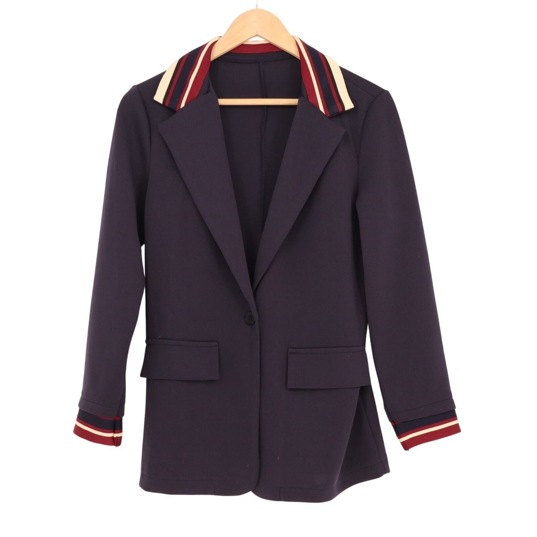 Womens Blazer Jacket Small Navy Blue Striped Trim Notch Lapel Single Breasted