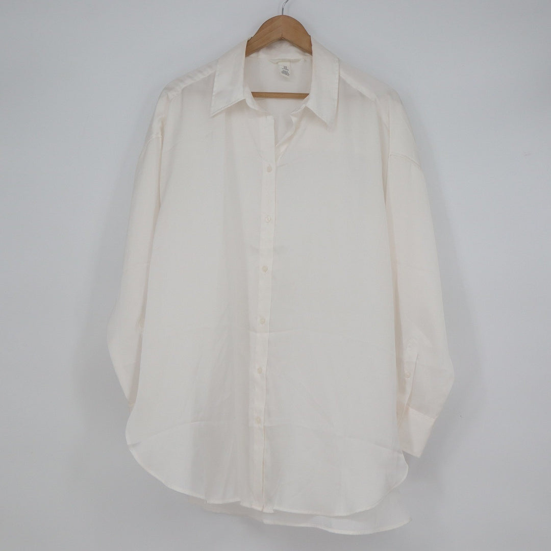HM Womens Oversized Button Down Shirt Off White Collared Long Sleeve Size M