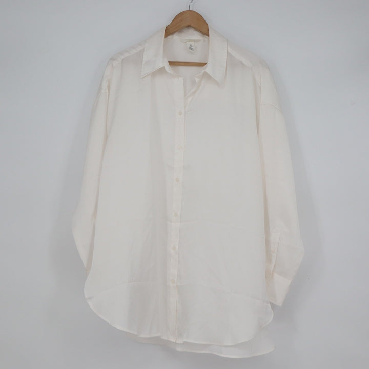 HM Womens Oversized Button Down Shirt Off White Collared Long Sleeve Size M
