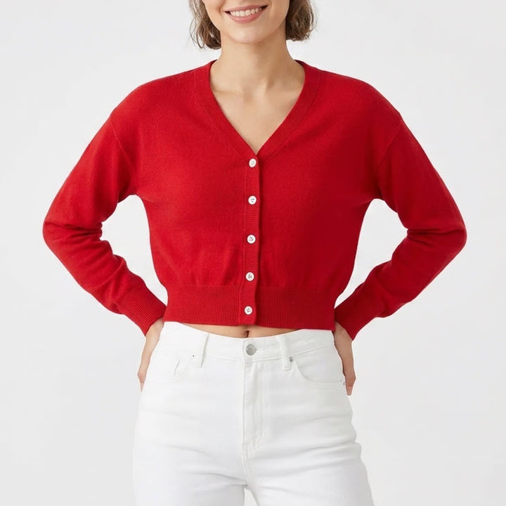 Red Cropped Button Front Cardigan Crew Neck Knit Sweater Mens M