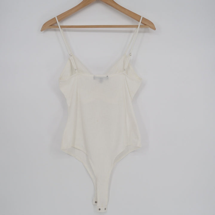 Lulus Bodysuit Women Medium White Stretch Knitted Split-Neck Spaghetti Strap