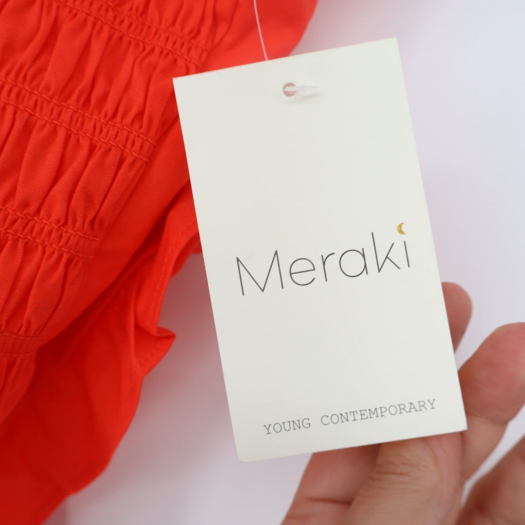Meraki Cropped Top Womens Large Orange Cotton Stretch Smocked Bodice Back Tie
