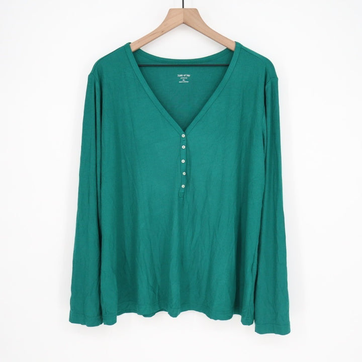 State of Day Intimates Sleep Top Womens XL Green Ribbed Long Sleeve Henley Neck