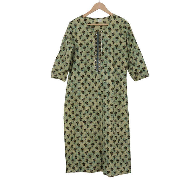 Green Floral Cotton Kurta Midi Dress Embroidered Sequin Tunic India Size 40