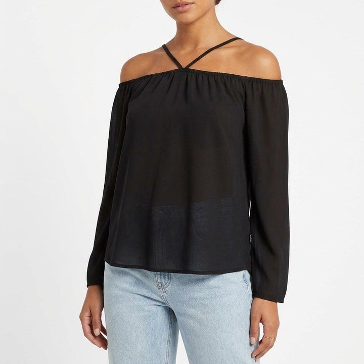 Tunic Top Womens Medium Black Pleated Off-The-Shoulder Strappy Pullover