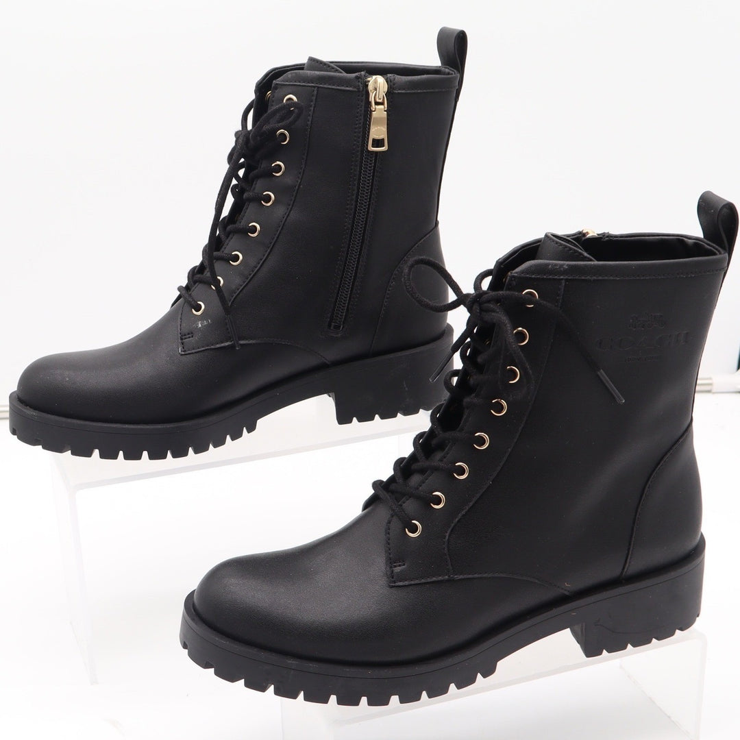 Coach Black Leather Combat Boots Gold Hardware Side Zip Womens 8B