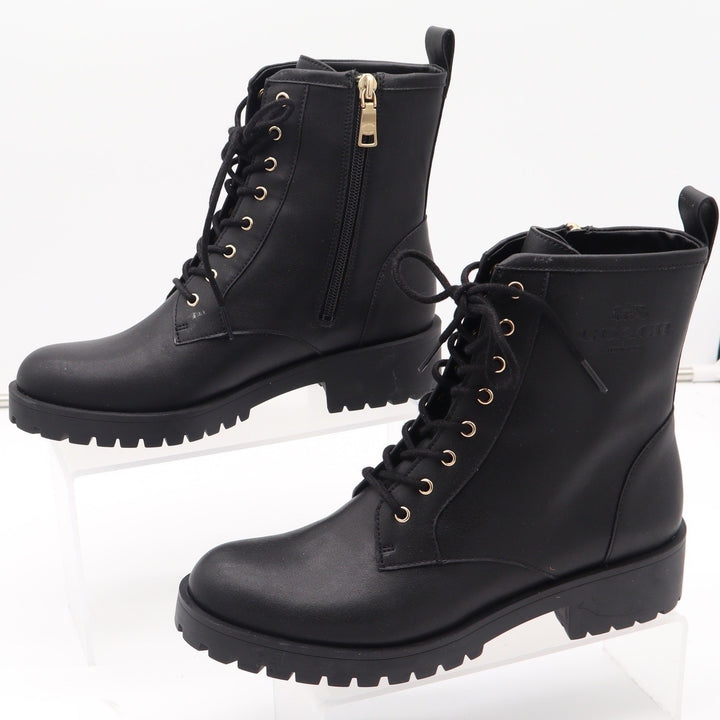 Coach Black Leather Combat Boots Gold Hardware Side Zip Womens 8B