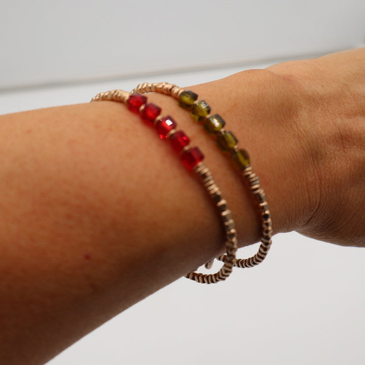 Keep Collective Rose Gold Beaded Bracelet Set Red Olive Green Crystal