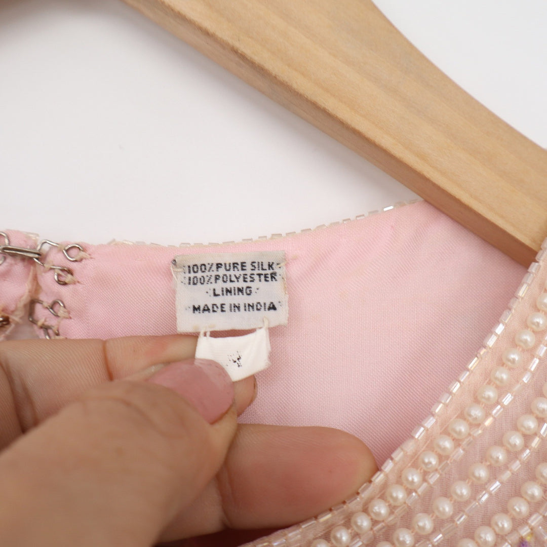 Vintage Razzle Dazzle Pink Silk Beaded Sequin Shift Dress Pearl Detail Size S/XS