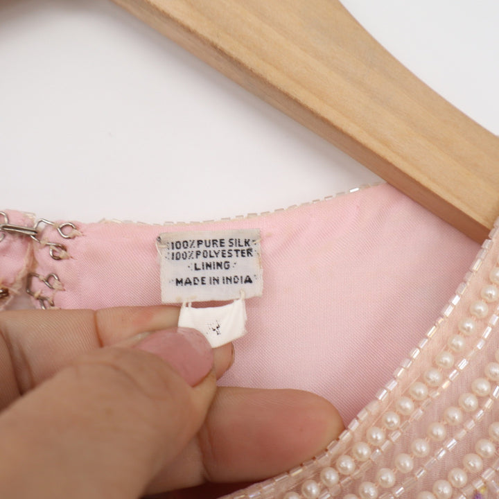 Vintage Razzle Dazzle Pink Silk Beaded Sequin Shift Dress Pearl Detail Size S/XS
