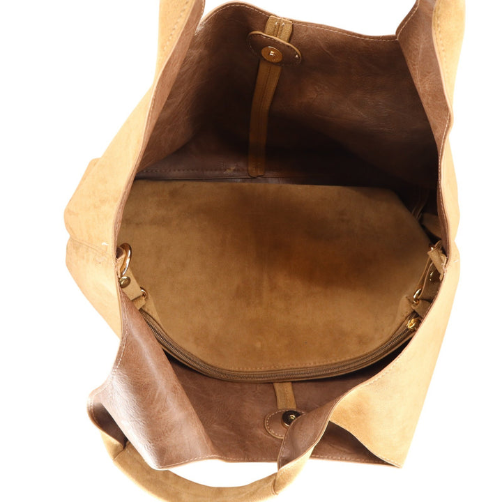 Camel Tan Faux Suede Hobo Tote Bag Large Slouchy Triple Compartment Shoulder Bag