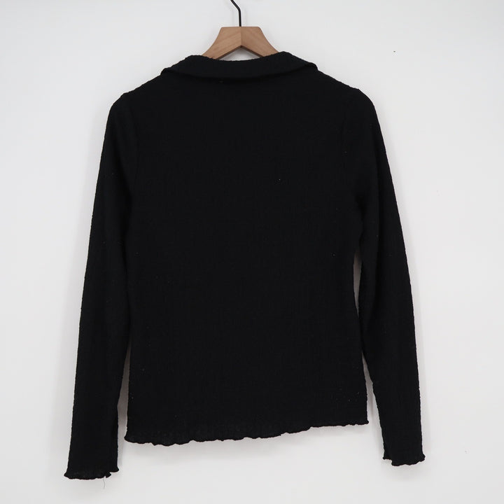 Sanctuary Black Textured Long Sleeve Polo V-Neck Top Lettuce Edge M