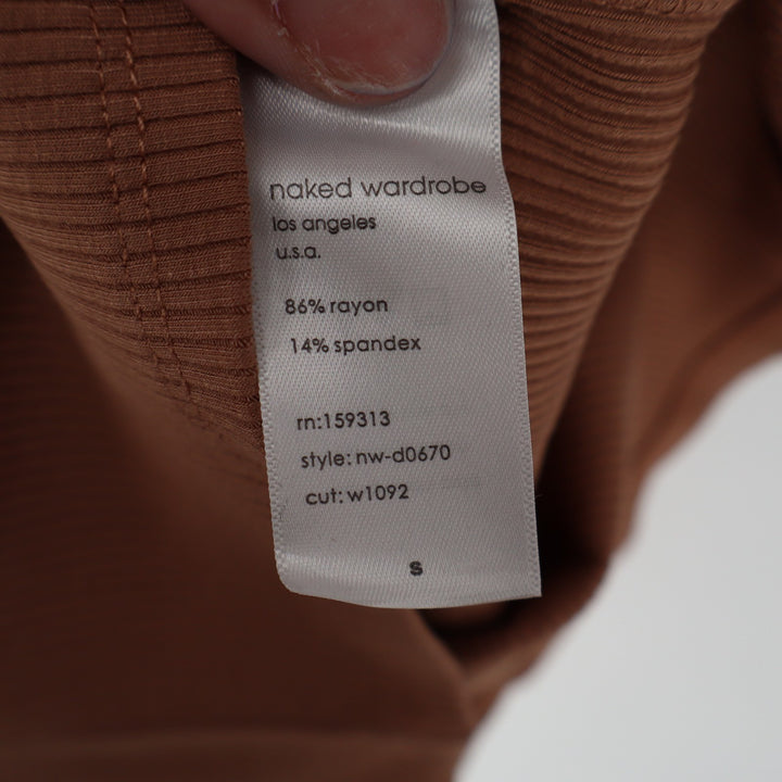 Naked Wardrobe Bodycon Dress Womens Small Brown Knit V-Neck Long Sleeve Ribbed