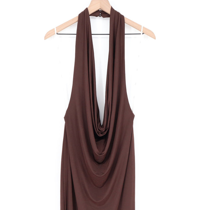 Lulus Chocolate Brown Cowl Neck Halter Maxi Dress Womens XL Low Back Jersey Knit
