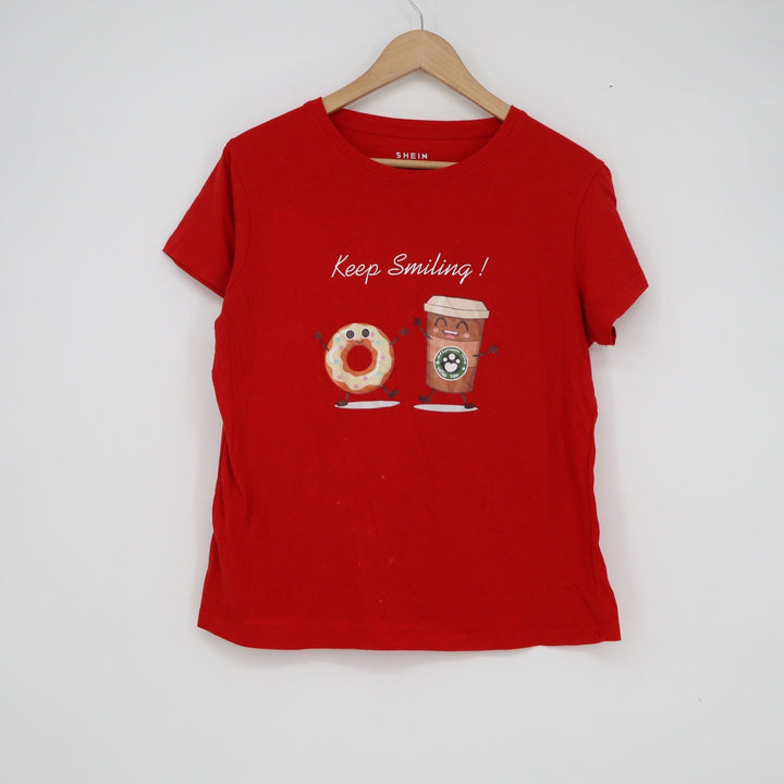 SHEIN Women Red Keep Smiling Donut Coffee Graphic Tee Shirt Size L