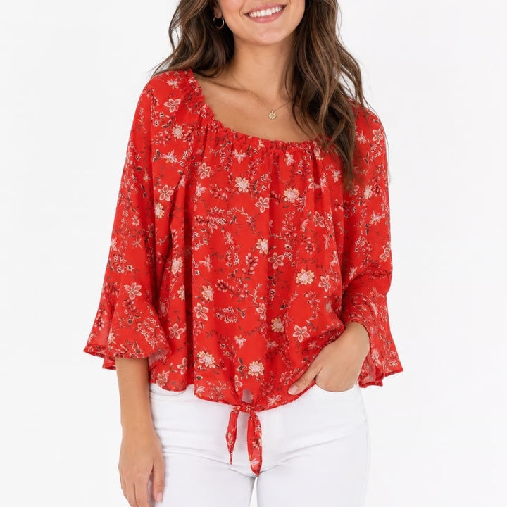 BCX Coral Red Floral Bell Sleeve Tie Front Chiffon Blouse Top Medium
