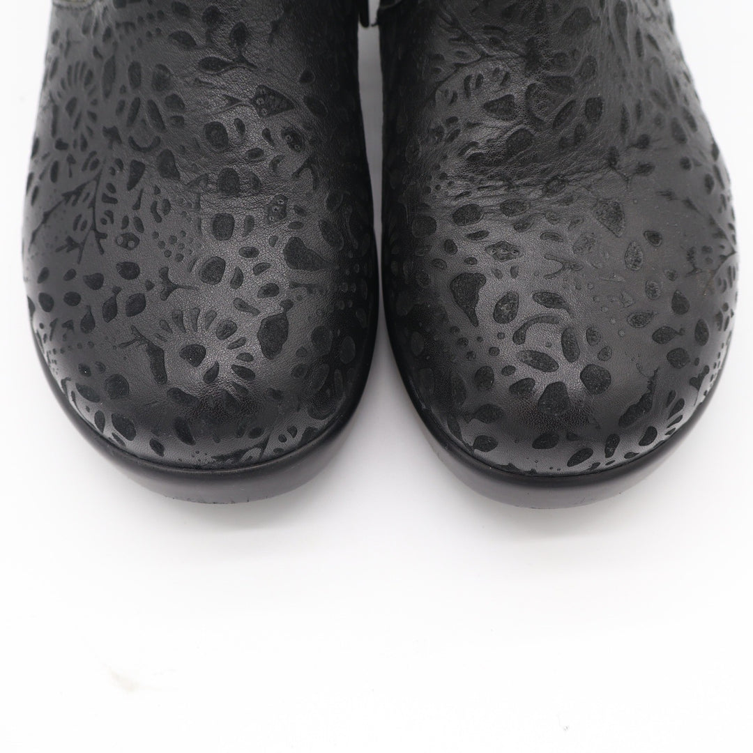 Alegria Cicely Black Leather Laser Cut Floral Ankle Wedge Boots Size 38