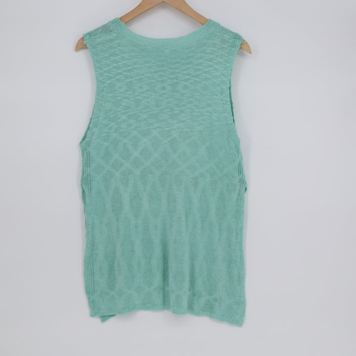 Fashion Sweater Womens S Mint Green Argyle Print Open Knit Side Slit Crew Neck