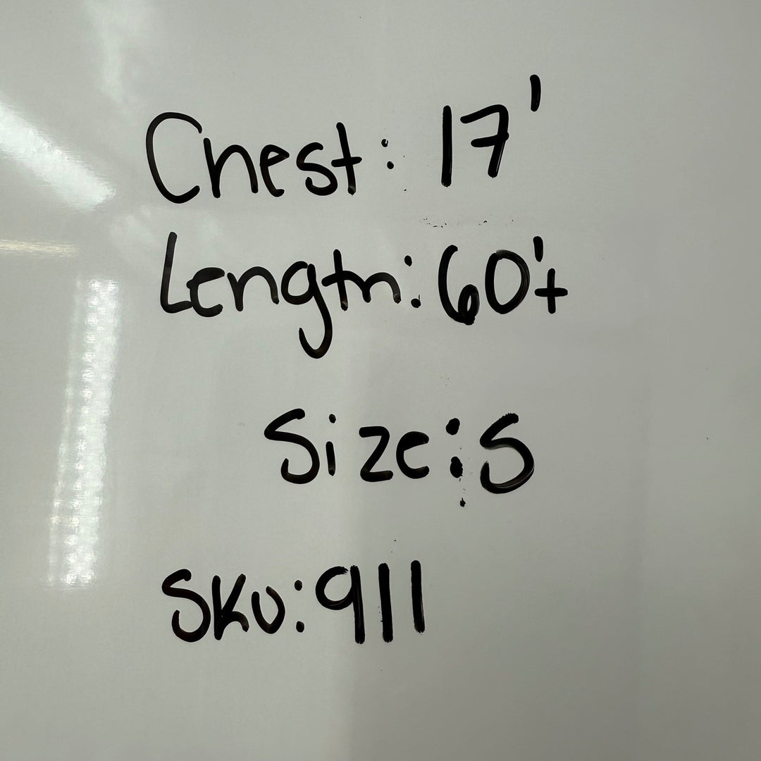 Measurement labels on a white surface with text 'Chest: 17', 'Length: 60
