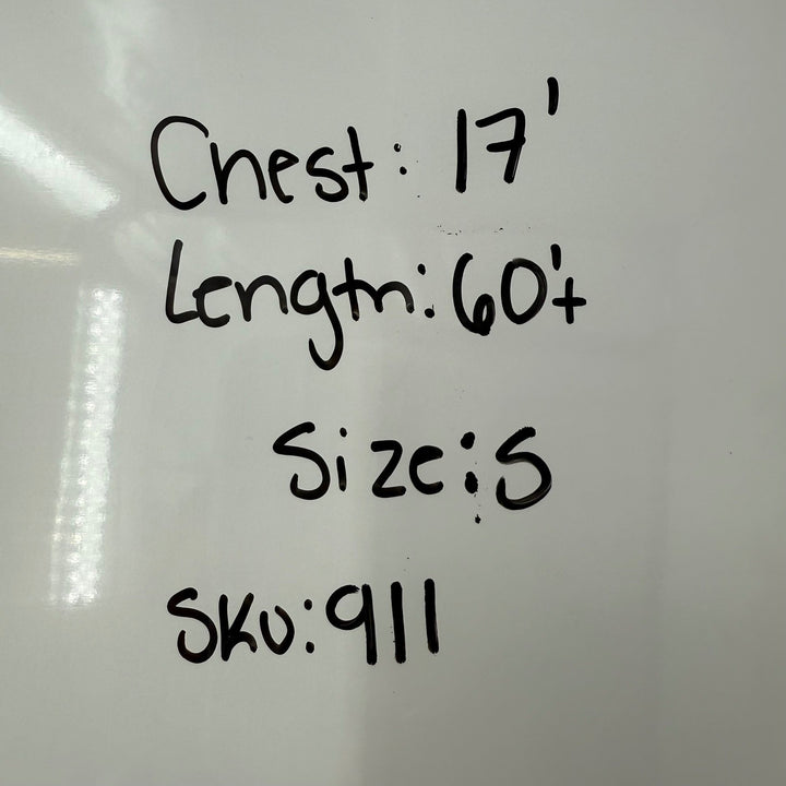 Measurement labels on a white surface with text 'Chest: 17', 'Length: 60
