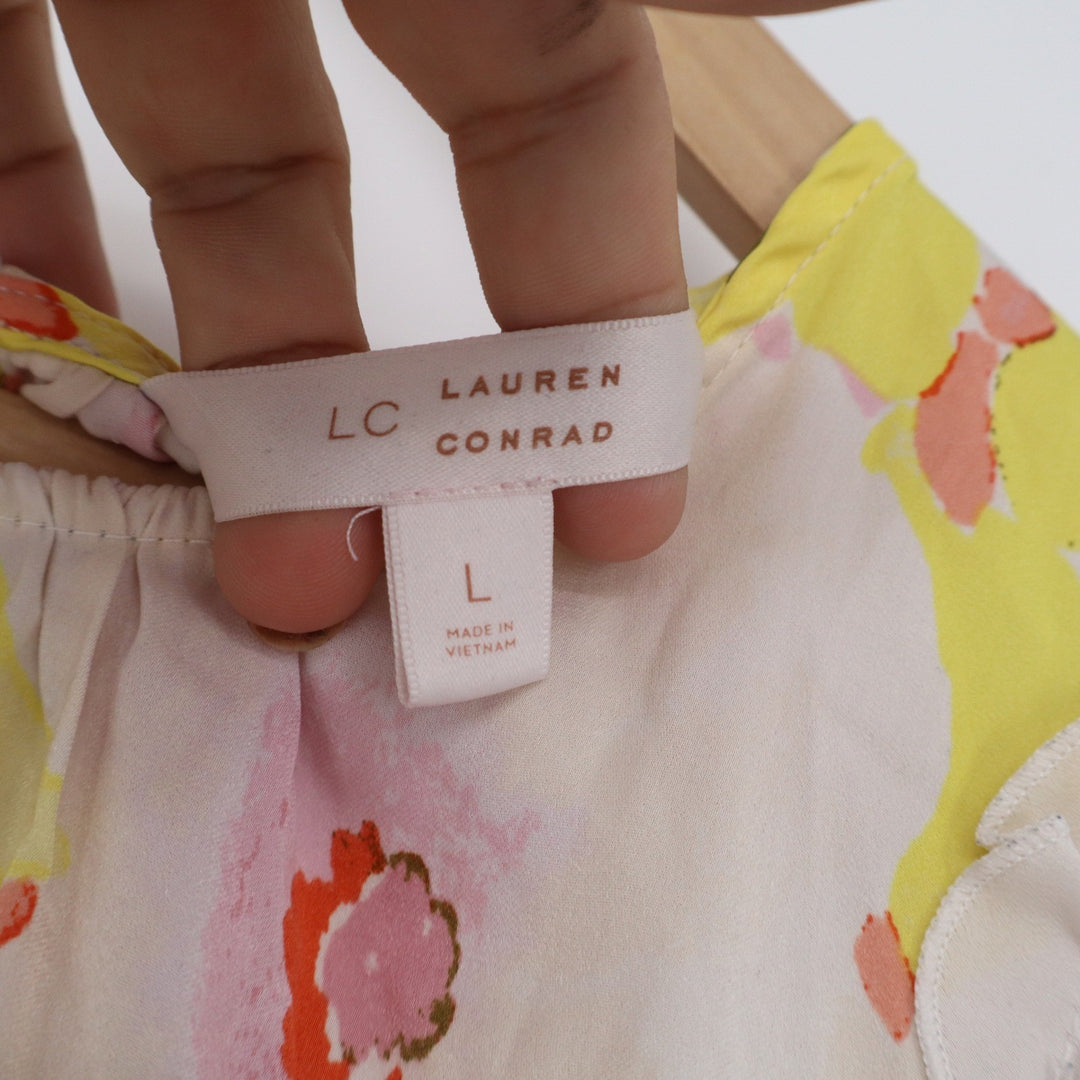 LC Lauren Conrad Floral Flutter Sleeve Blouse Yellow Pink Watercolor Top Large