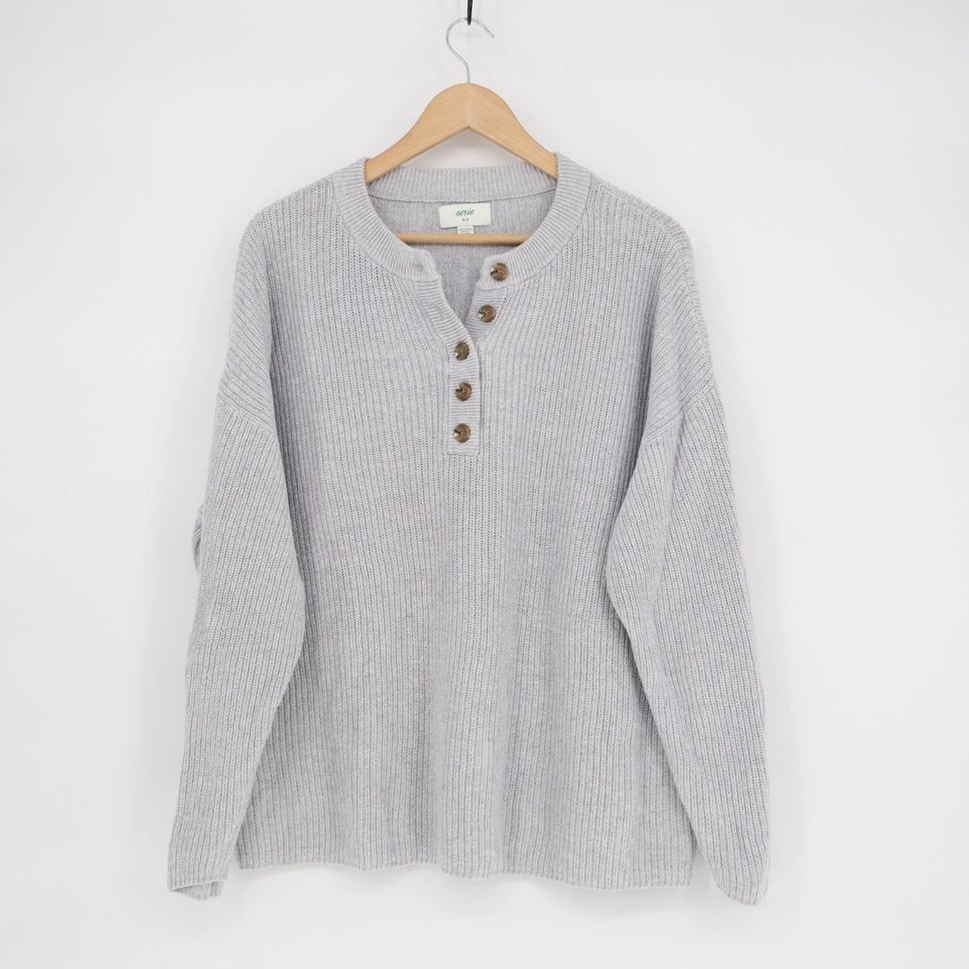 Aerie Sweater Womens Medium Gray Cotton Ribbed Henley Neck Chunky Knit Winter
