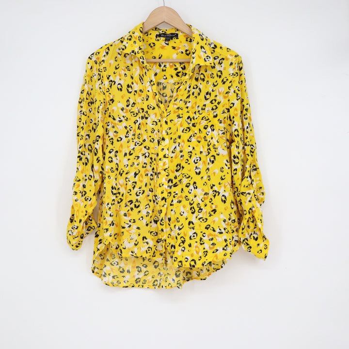 Velvet Heart Yellow Leopard Print Button Down Shirt Roll Tab Sleeve Large