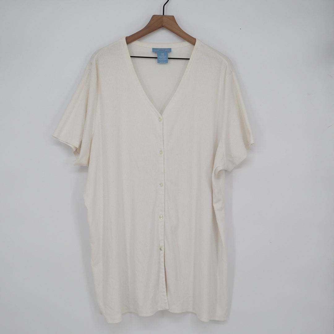 Venezia Jeans Cream Ribbed Button Front Short Sleeve Top Plus Size 26/28 V-Neck