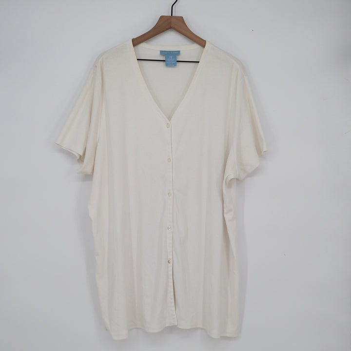 Venezia Jeans Cream Ribbed Button Front Short Sleeve Top Plus Size 26/28 V-Neck