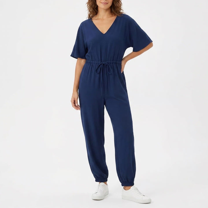 ZESICA Navy Blue V-Neck Flutter Sleeve Elastic Waist Jumpsuit XL