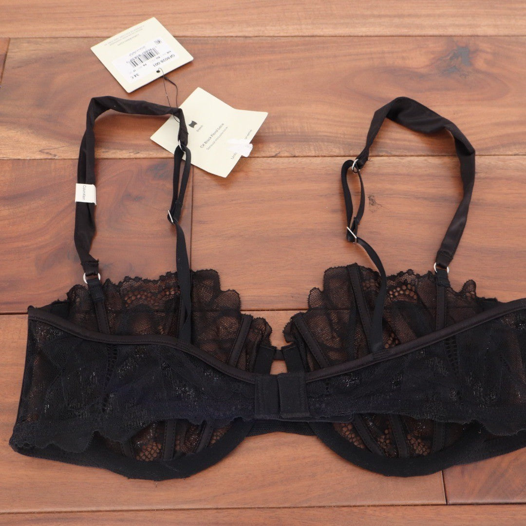 Calvin Klein Black Floral Lace Unlined Balconette Bra 34C QF8028-001 NWT