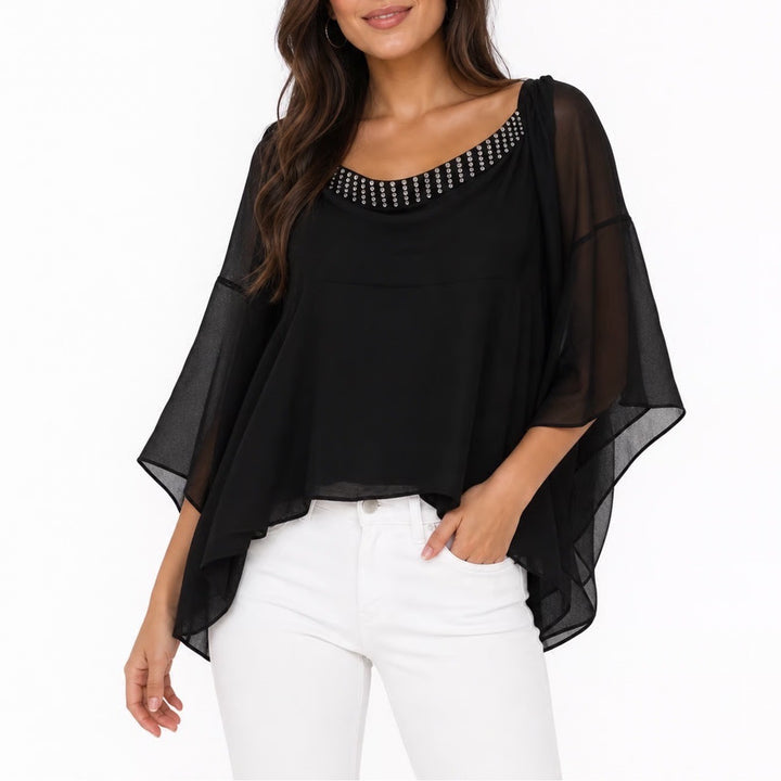 Orna Farho Paris Nina Black Off-Shoulder Crystal Embellished High-Low Top