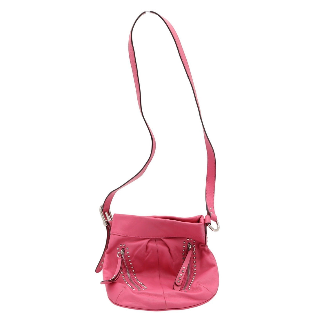 B. Makowsky Pink Leather Studded Crossbody Bag Silver Hardware Leopard
