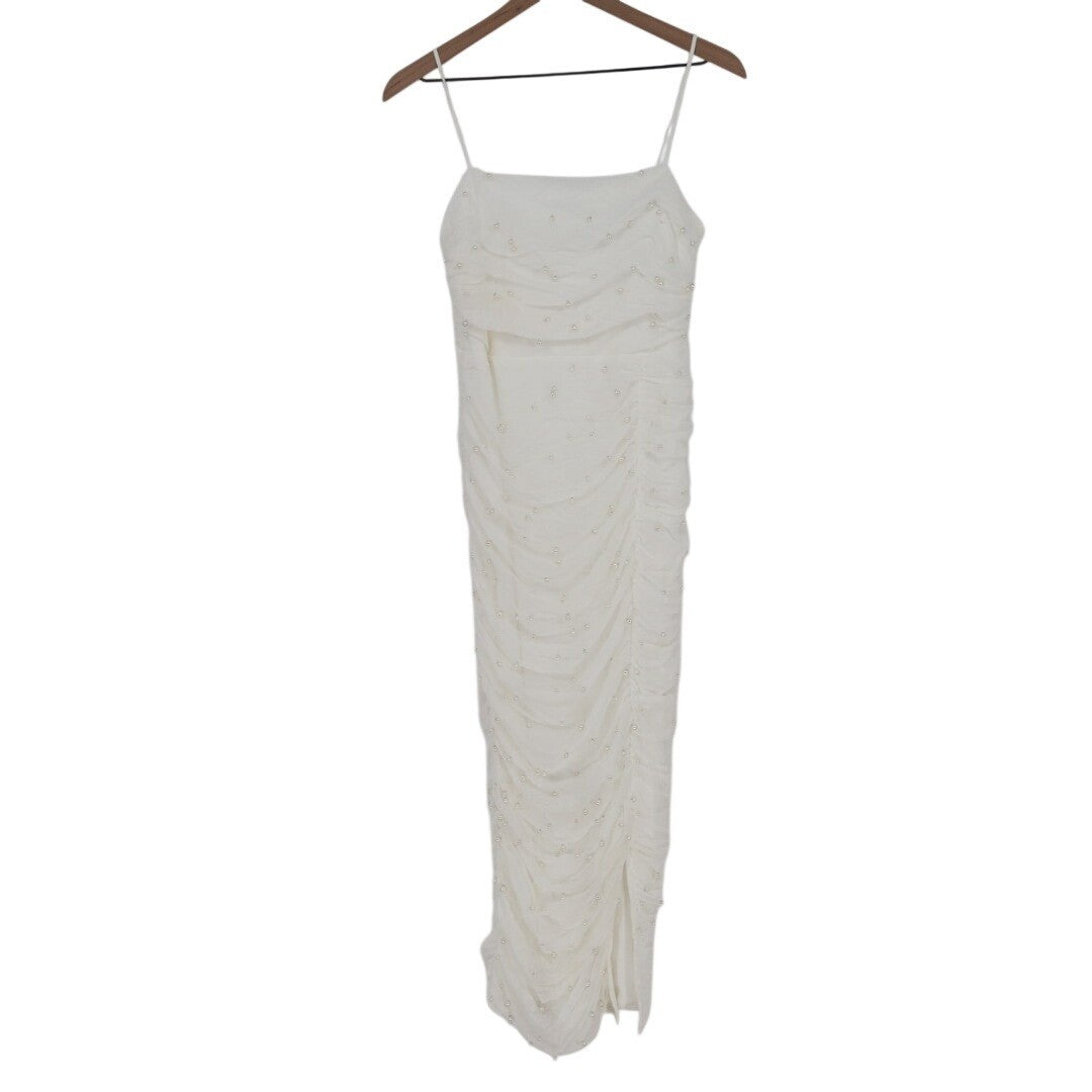 Lulus Toast to Romance Bodycon Midi Dress Women Large White Stretch Ruched Pearl