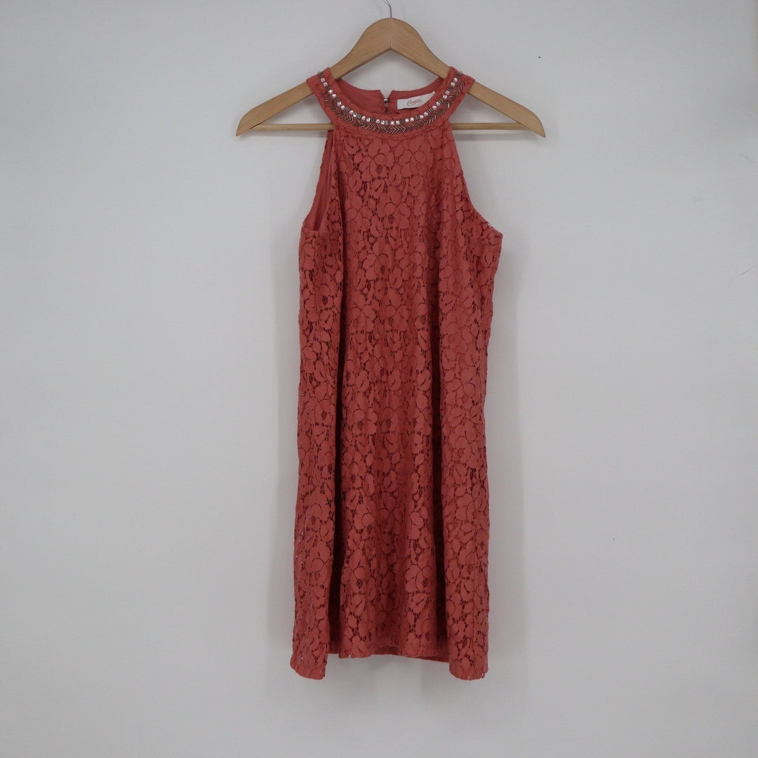 Candie's Coral Pink Floral Lace Halter Dress Embellished Neckline Size S