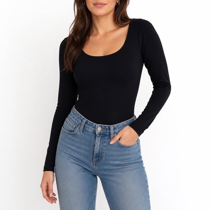 MANGOPOP Womens Black Long Sleeve Scoop Neck Snap Crotch Bodysuit Size M
