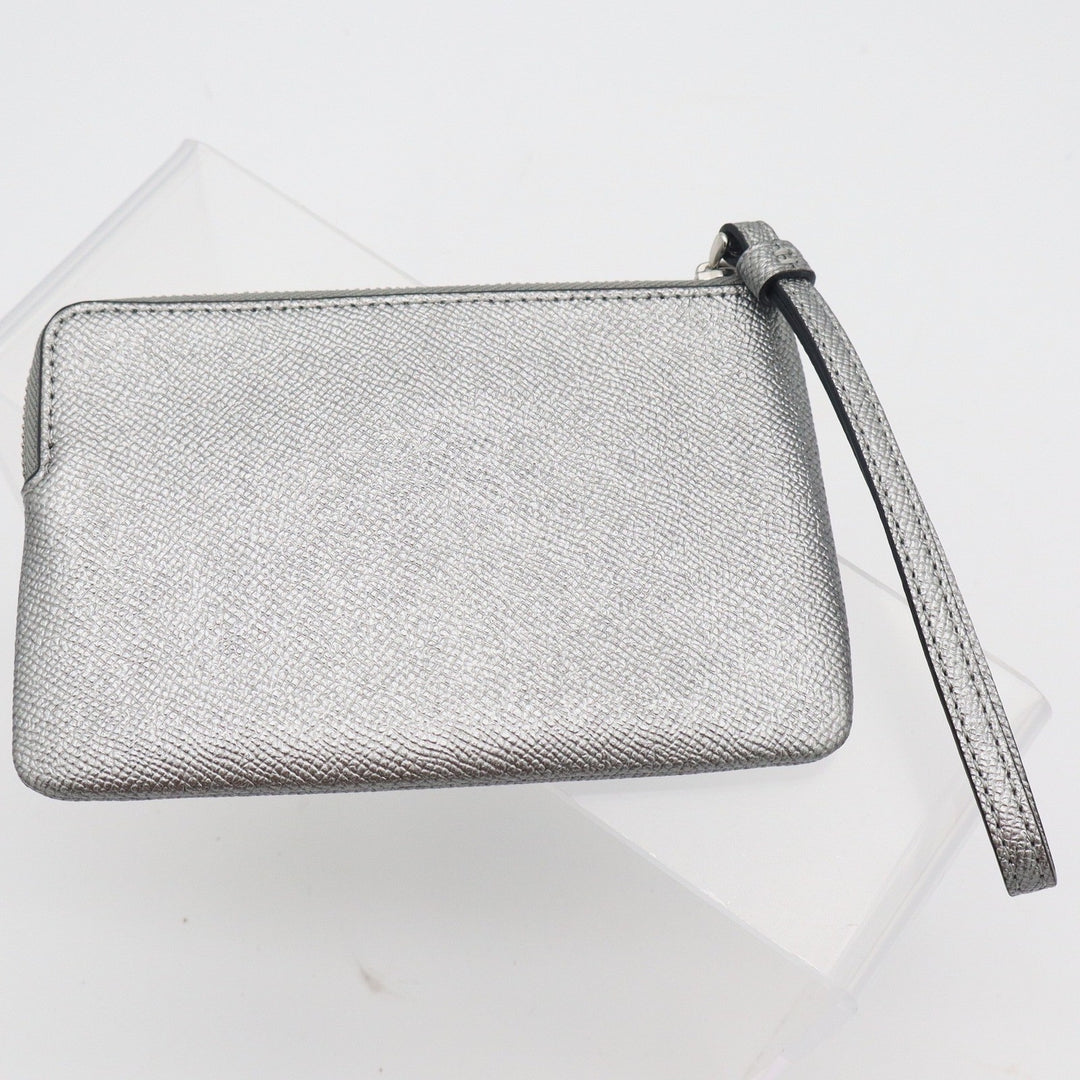 Coach Small Wristlet Metallic Silver Crossgrain Leather Zip Pouch