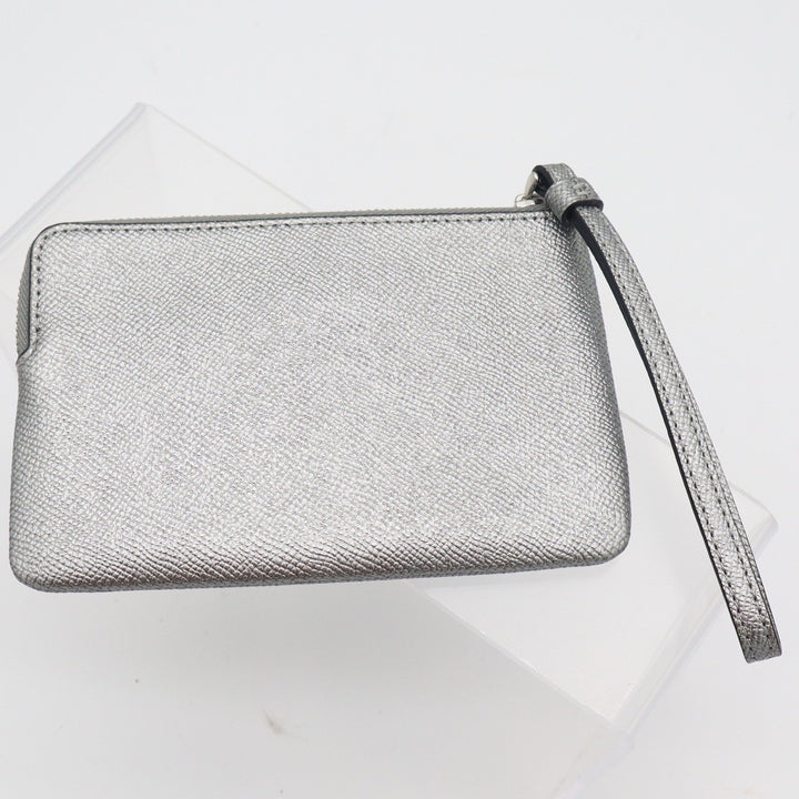Coach Small Wristlet Metallic Silver Crossgrain Leather Zip Pouch