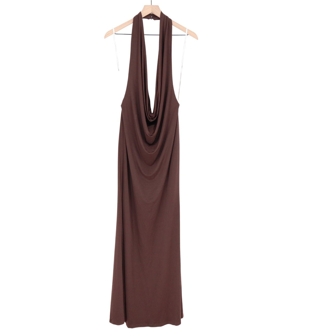 Lulus Chocolate Brown Cowl Neck Halter Maxi Dress Womens XL Low Back Jersey Knit