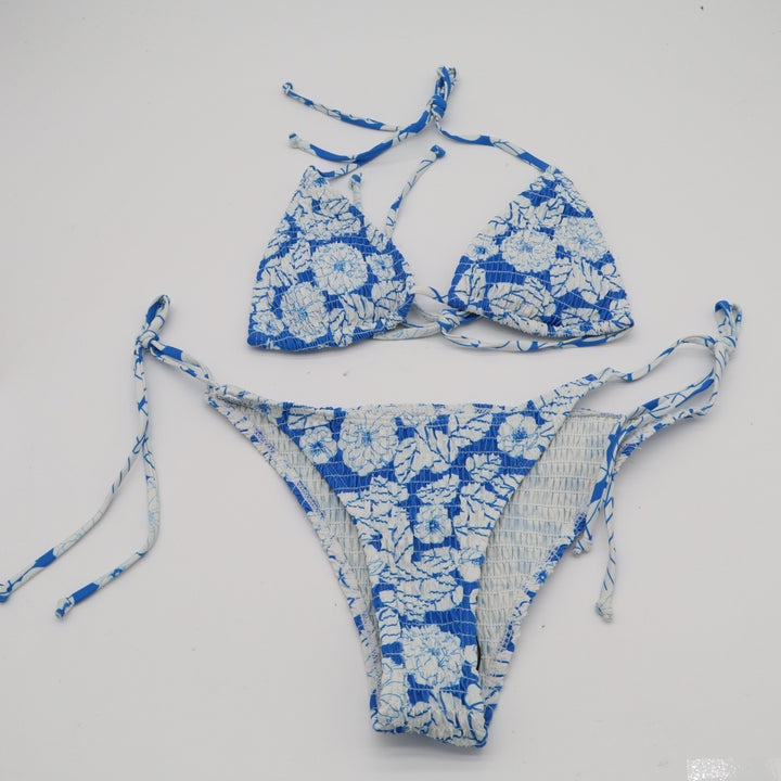 2 Piece Bikini Set Women S Blue Floral Stretch Smocked Spaghetti Straps Swimsuit
