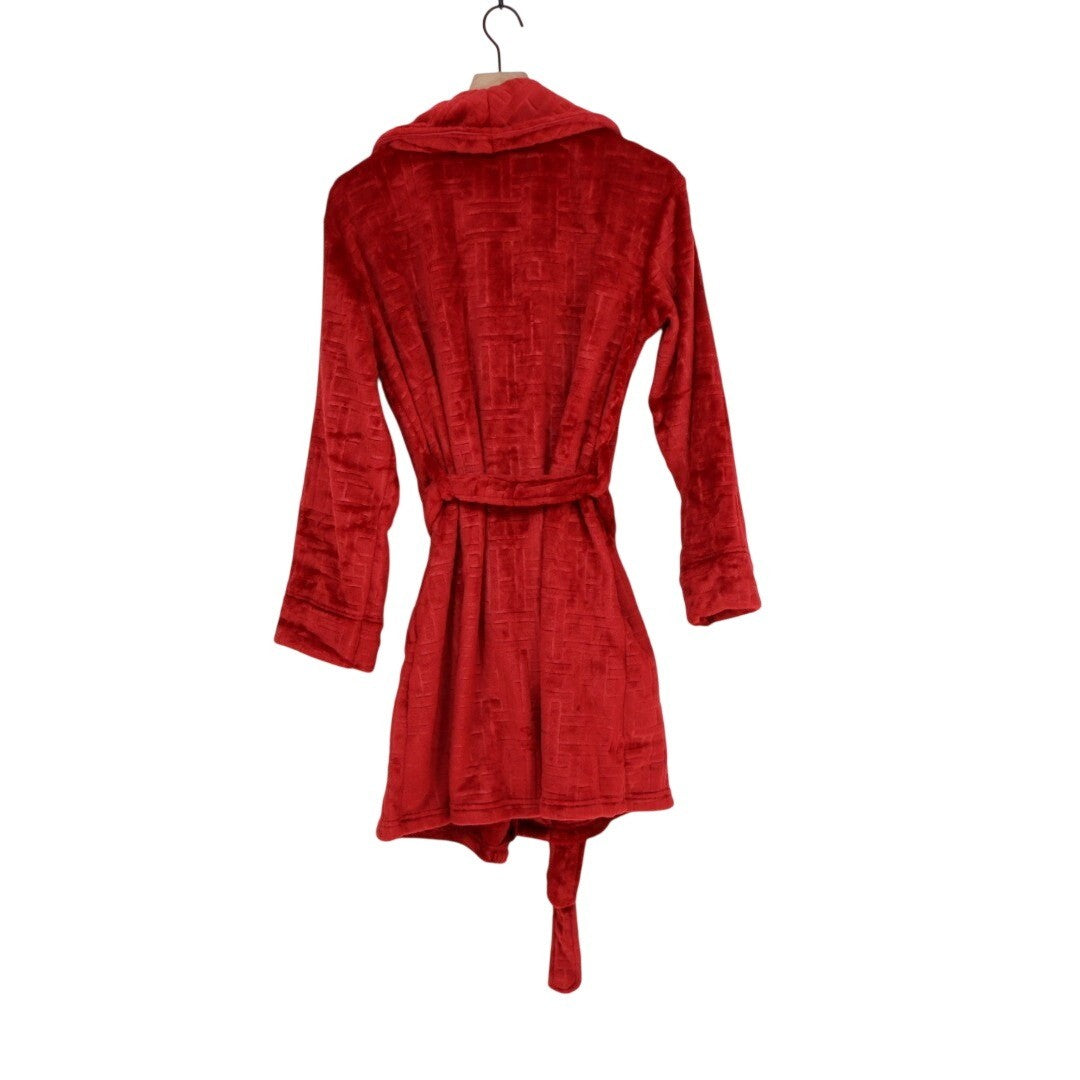 Tommy Hilfiger Debossed Plush Robe Women S/M Regatta Red Waist Belt Shawl Collar